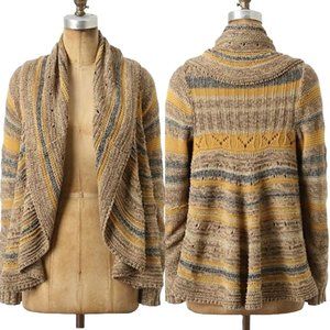 Anthropologie Boho Yellow‎ Tan Striped Cacoon Cardigan Open Shawl Collar M Gold